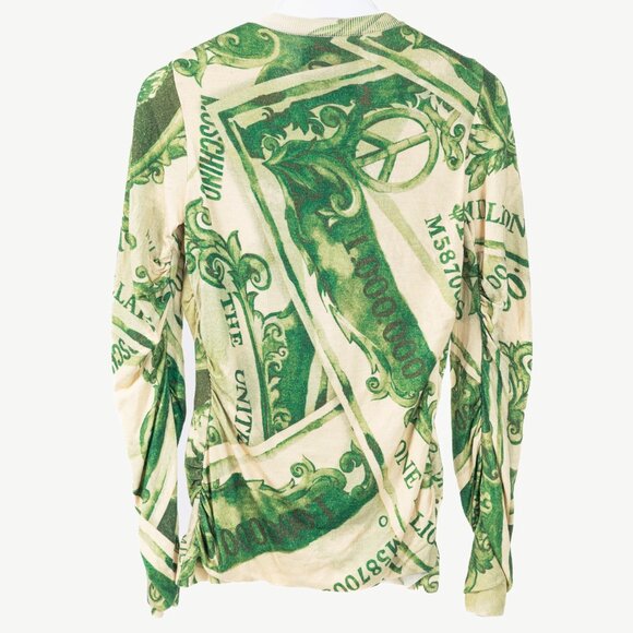 Moschino AW/19 Green Wool Money-Print Ruched Cardigan - Picture 2 of 10